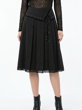 FORWEAR NEW YORK • Black Pleated Lace Up Gothic Midi Skirt Lace Hem 11
